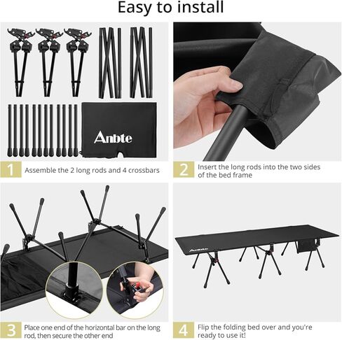Anbte Height Adjustable Camping Cot with Storage Net & Bag, Support up to 400lbs Comfortable Portable Cots for Adult Folding Bed for Camping Hiking Travel Truck Beach Office Nap, Black in Saudi Arabia