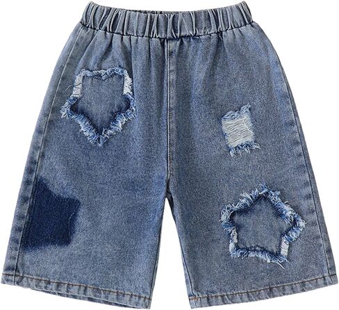 Hilinker Girls Jean Shorts Bow Raw Hem Elastic Waist Summer Cute Bermuda Denim Shorts with Pockets in Saudi Arabia