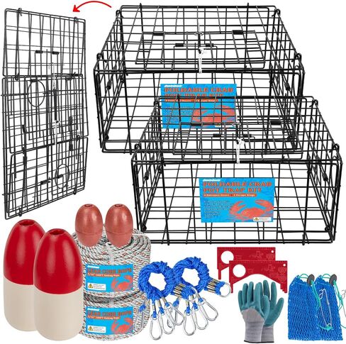 2 Packs Foldable Crab Trap 24", Pacific Heavy Duty Steel Crap Cage Kit with Harness, Crab Bait Bag, 100’ Sinking Line, Float Buoy for Dungeness, Easy Store & Carry Crabbing Kit in Saudi Arabia