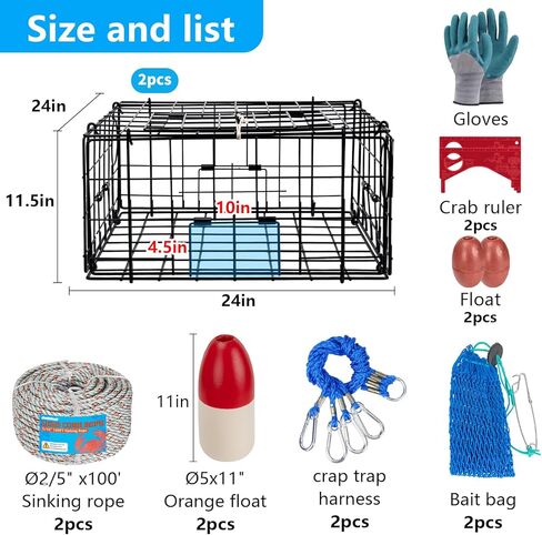 2 Packs Foldable Crab Trap 24", Pacific Heavy Duty Steel Crap Cage Kit with Harness, Crab Bait Bag, 100’ Sinking Line, Float Buoy for Dungeness, Easy Store & Carry Crabbing Kit in Saudi Arabia