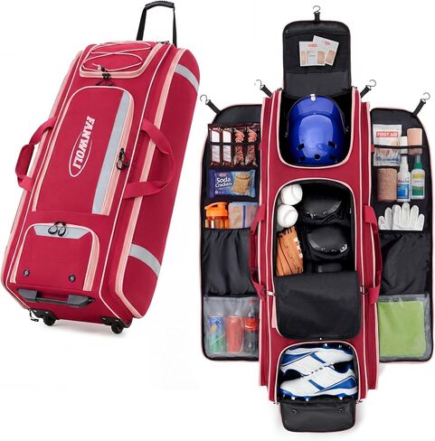 Fanwoli 100L Rolling Baseball Catchers Gear Bag - Large Softball Equipment Duffle with Wheels, Locker-Style Organizer with 5 Fence Hooks, Multi Pockets, Hold 8 Bats, Vented Shoe Zone, Reflective Strip in Saudi Arabia