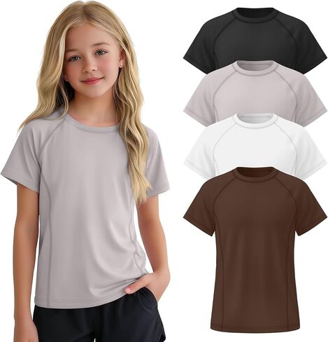 4 Pack Girls Athletic Shirts Quick Dry Short Sleeve Gym Active Tops Kids Youth Crew Neck Summer Activewear Tee in Saudi Arabia