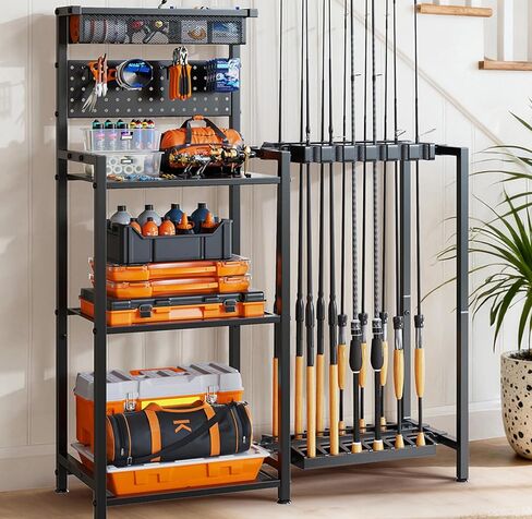 Fishing Rod Holders for Garage, Fishing Pole Rack with 3 Tier shelf, Heavy Duty Fishing Pole Holders with Pegboard and Basket for Fishing Gear, Fishing Pole Storage Hold up to 12 Fishing Rods, Black in Saudi Arabia