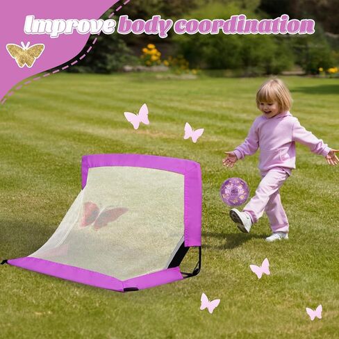 مجموعة أهداف كرة القدم للأطفال مع حجم 2 كرة قدم فراشة أرجوانية وردية لامعة ومضخة 2 × 1.5 قدم شبكات كرة قدم محمولة مطبوعة على شكل فراشة للأطفال الصغار الذين تتراوح أعمارهم بين 3-5 سنوات in Kuwait