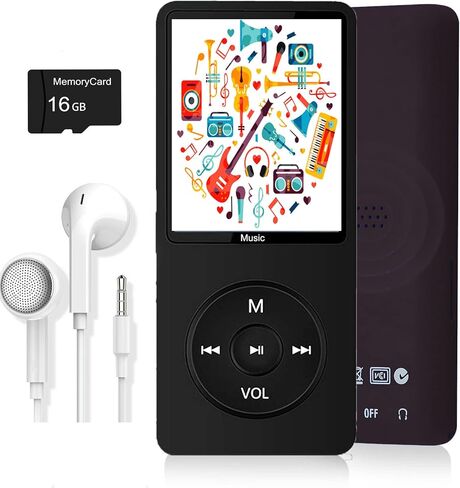 مشغل MP3، مشغل موسيقى مع بطاقة Micro SD سعة 16 جيجابايت، مكبر صوت مدمج/صور/تشغيل فيديو/راديو FM/مسجل صوت/قارئ الكتب الإلكترونية، يدعم حتى 128 جيجابايت in Kuwait