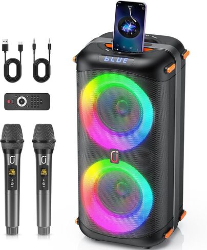 آلة كاريوكي JYX مع 2 ميكروفونات لاسلكية UHF، مكبر صوت بلوتوث مع ضبط الجهير/الثلاثي وإضاءة LED، نظام PA يدعم TWS، مدخل AUX، FM، REC، إمداد للحفلات/الكبار/الأطفال - حبيبات خشبية in Kuwait