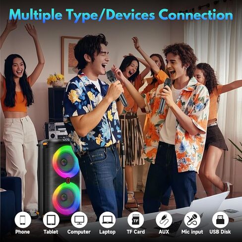 آلة كاريوكي JYX مع 2 ميكروفونات لاسلكية UHF، مكبر صوت بلوتوث مع ضبط الجهير/الثلاثي وإضاءة LED، نظام PA يدعم TWS، مدخل AUX، FM، REC، إمداد للحفلات/الكبار/الأطفال - حبيبات خشبية in Kuwait