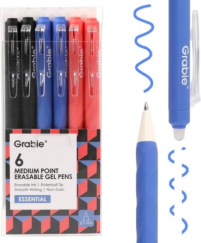 Grabie Erasable Gel Pens, Medium Point 0.7 mm Erasable Pens, Make Mistakes Disappear for Drawing Writing Planner, Pack of 6, Black in Saudi Arabia