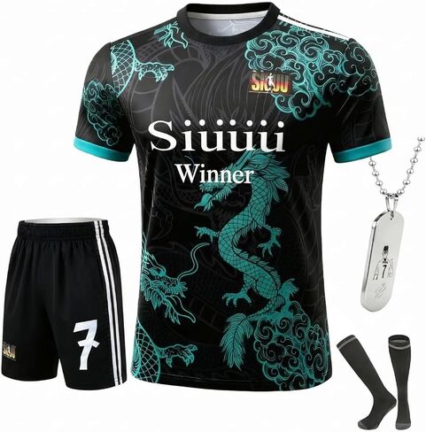 Kids Soccer Jersey Uniform Set #7 | Complete 4-Piece Kit with Shirt, Shorts, Socks & Player Necklace for Boys & Girls in Saudi Arabia