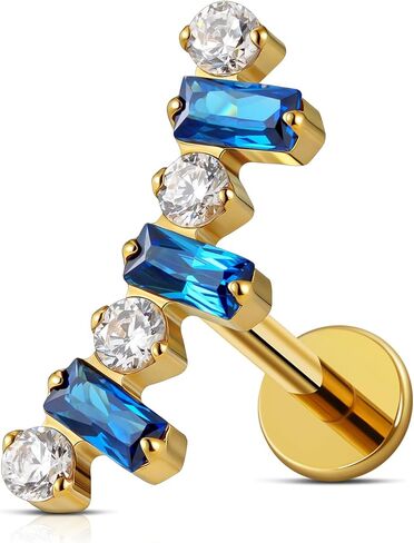 FINE4U Gold Plated ASTM F136 Titanium Helix Piercing Jewelry - Blue Baguette CZ 16G 6mm 8mm Flat Back Stud for Tragus Conch Helix in Saudi Arabia