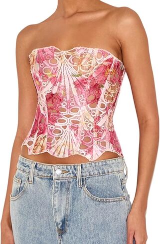 Corset Tops for Women Floral Hollowed Strapless Lace Crop Top Y2K Sexy Going Out Irregular Hem Shapewear Bustier in Saudi Arabia