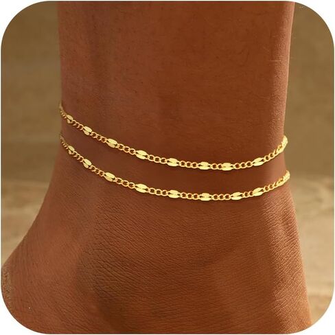 Ankle Bracelets for Women - 14K Gold Plated Waterproof Cuban Water Wave Chain Beads Rhinestone Anklets Set Layered Anklet Bracelets for Women Gold Jewelry Gift in Kuwait