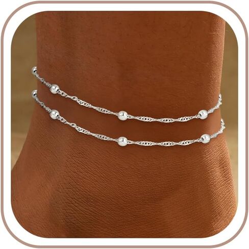 Ankle Bracelets for Women - 14K Gold Plated Waterproof Cuban Water Wave Chain Beads Rhinestone Anklets Set Layered Anklet Bracelets for Women Gold Jewelry Gift in Kuwait