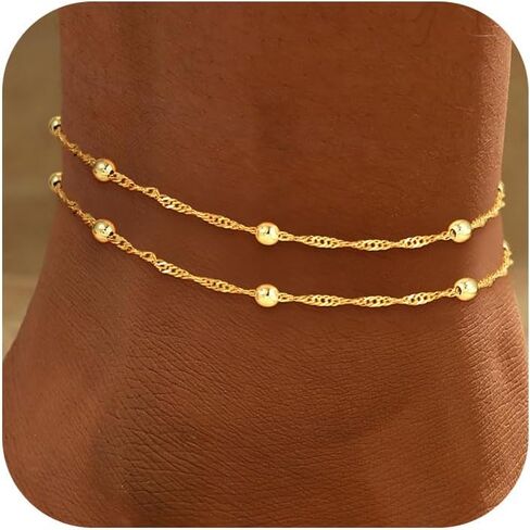 Ankle Bracelets for Women - 14K Gold Plated Waterproof Cuban Water Wave Chain Beads Rhinestone Anklets Set Layered Anklet Bracelets for Women Gold Jewelry Gift in Kuwait