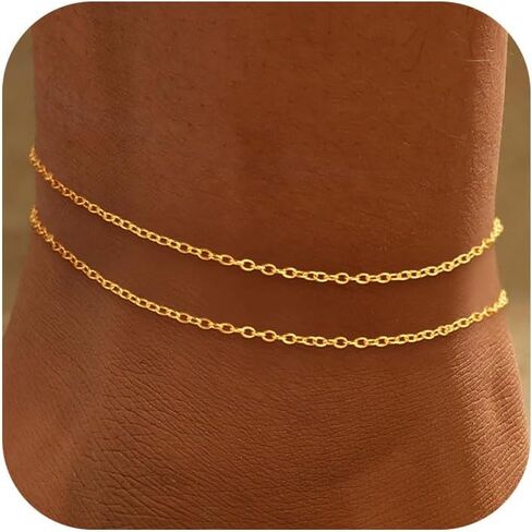 Ankle Bracelets for Women - 14K Gold Plated Waterproof Cuban Water Wave Chain Beads Rhinestone Anklets Set Layered Anklet Bracelets for Women Gold Jewelry Gift in Kuwait