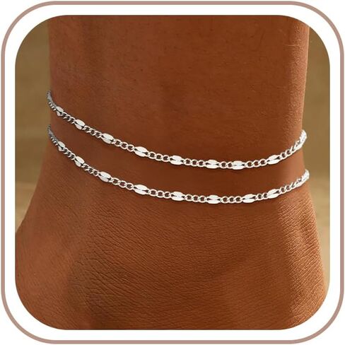 Ankle Bracelets for Women - 14K Gold Plated Waterproof Cuban Water Wave Chain Beads Rhinestone Anklets Set Layered Anklet Bracelets for Women Gold Jewelry Gift in Kuwait