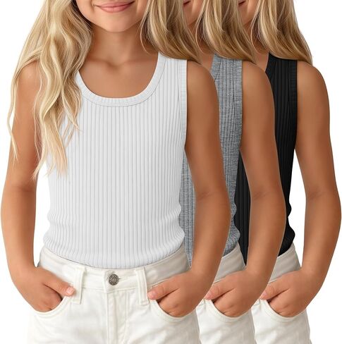 3 Pack Girls Tank Tops Kids 5-14 Years Ribbed Athletic U Neck Sleeveless Undershirts Basic Camisole in Saudi Arabia