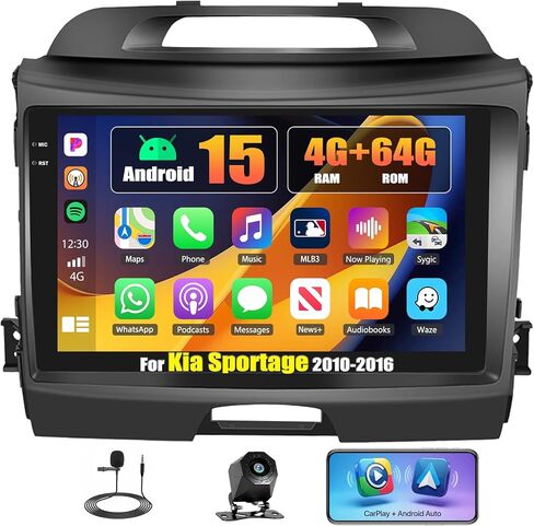 8Core 6G+128G Car Stereo for Kia Sportage 2010-2016 with Wireless Carplay Android Auto, 9 Inch IPS Touchscreen Car Player, 59UI Bluetooth 5.0 GPS WiFi FM/RDS DSP SWC Backup Camera in Saudi Arabia