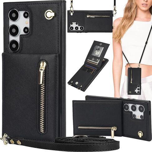 for Samsung Galaxy S25 Ultra (Not S25) Zipper Wallet Case with Card Holder, Crossbody Lanyard Purse Cover [Removable Shoulder Strap] with Kickstand for Samsung Galaxy S25 Ultra Zip-Black in Saudi Arabia