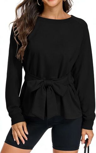 Women's Long Sleeves Shirt Tops Crew Neck Tie Knot Sweatshirt Tops Casual Fall Loose Fit Cropped Top Pullover in Saudi Arabia