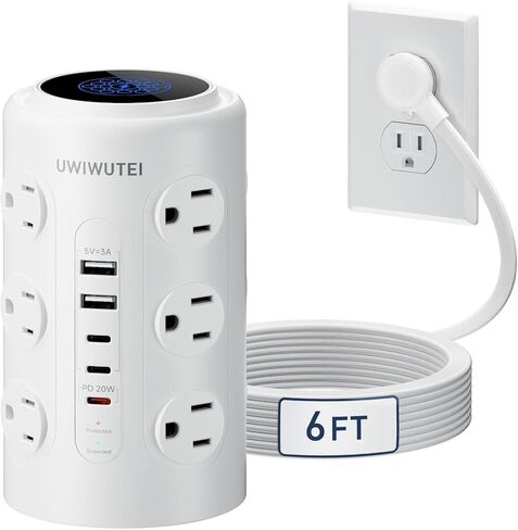 Tower Power Strip with 1 Dedicated PD 20W Fast-Charging Port, 12 Outlets, 5 USB Ports (3 USB-C), 1800J Protector, Desk Charging Station for Multiple Devices, 6FT Extension Cord, Home Office Essentials in Saudi Arabia