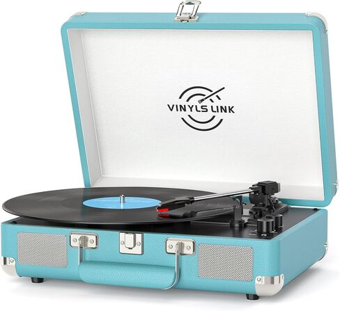 مشغل تسجيل فينيل بلوتوث من VINYLSLINK، قرص دوار محمول بثلاث سرعات مع تحكم ثلاثي وباس، مكبرات صوت ستيريو مدمجة، مشغل LP يعمل بالحزام مع RCA ومقبس سماعة الرأس، تصميم أزرق عتيق in Kuwait
