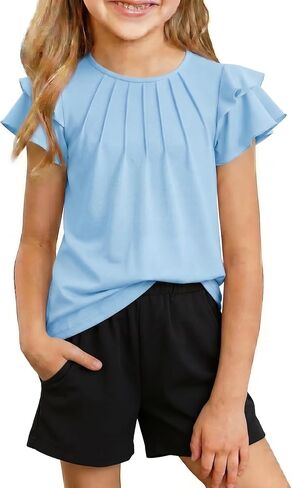 Arshiner Girls 2 Piece Outfits Summer Ruffle Sleeve Top and Paperbag Waist Shorts Set with Pockets Size 5-13 Years in Saudi Arabia
