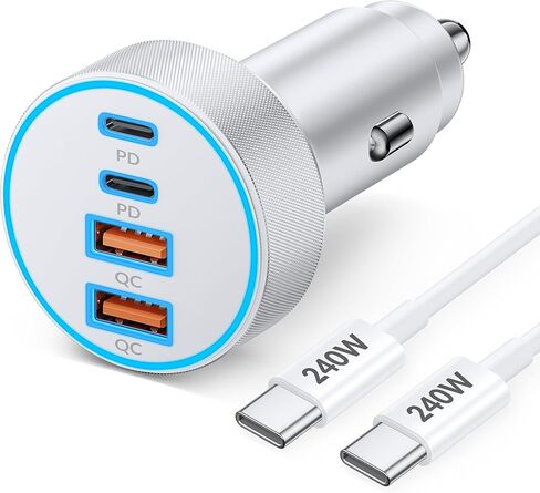 شاحن سيارة iPhone 17 16 15 شحن سريع، 90 وات 4 منافذ USB C شاحن سيارة سريع محول ولاعة السجائر مع كابل USB-C 240 وات 3FT لهاتف iPhone 17/Air/17 Pro/16/15 Pro Max/Plus/16e، iPad، Galaxy، Android in Kuwait