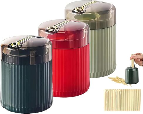 3PCS Pop-Up Automatic Toothpick Dispenser，plastic tooth pick holder dispenser,toothpick dispenser,Push-Button Portable Toothpick Holder, for Home & Outdoor Use(Dark green, light green, red) in Saudi Arabia