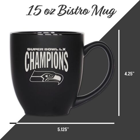 ريكو إندستريز NFL Football Seattle Seahawks 2026 Super Bowl LX Champions 15oz محفور بالليزر أسود غير لامع كوب بيسترو من السيراميك - للمشروبات الساخنة أو الباردة in Saudi Arabia