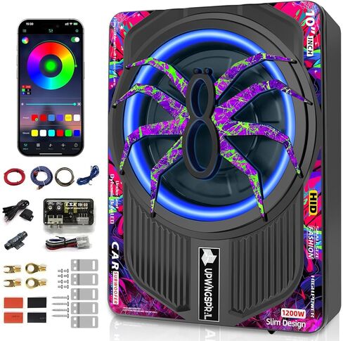 1200W RGB Subwoofer, Slim Under Seat Car Subwoofer and Amp Package with RGB Beat-Synced Light, Individual Control for Low Pass/Gain/Boost Bass, Deep Bass Perfect for Truck/SUV/Jeep/Sedan in Saudi Arabia