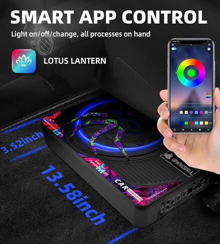 1200W RGB Subwoofer, Slim Under Seat Car Subwoofer and Amp Package with RGB Beat-Synced Light, Individual Control for Low Pass/Gain/Boost Bass, Deep Bass Perfect for Truck/SUV/Jeep/Sedan in Saudi Arabia