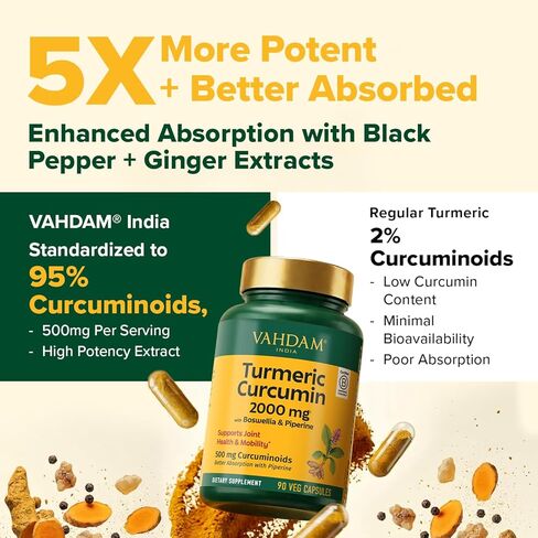 VAHDAM, Turmeric Curcumin Supplement 2000mg (500mg Curcuminoids) with Boswellia & Piperine for Fast Absorption | Supports Joint Health and Mobility | 90 Capsules in Saudi Arabia