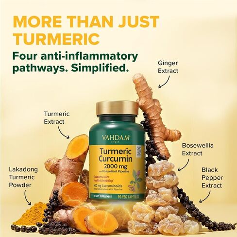 VAHDAM, Turmeric Curcumin Supplement 2000mg (500mg Curcuminoids) with Boswellia & Piperine for Fast Absorption | Supports Joint Health and Mobility | 90 Capsules in Saudi Arabia