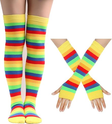 مجموعة أكمام لتدفئة الساق مخططة بألوان قوس قزح، جوارب طويلة للركبة بألوان قوس قزح، قفازات دافئة بدون أصابع للنساء in Kuwait
