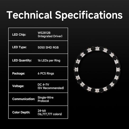 6 قطع حلقات LED WS2812B RGB، ضوء بيكسل قابل للعنونة 7 بت 5050 مع محرك مدمج، نيوب إكسل كامل اللون متوافق مع Ar duino ESP 32 Rasp Berry P i in Saudi Arabia