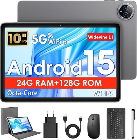 Android 15 Tablet 10 Inch Tablet, Octa-Core Tablets with keyboard, 24GB(8+16)RAM+128GB ROM+1TB, 1280x800 IPS Display, Widevine L1, GPS, 2.4G/5G WiFi, 5MP+8MP Camera, 6000mAh, Bluetooth 5.4, Gray in Saudi Arabia
