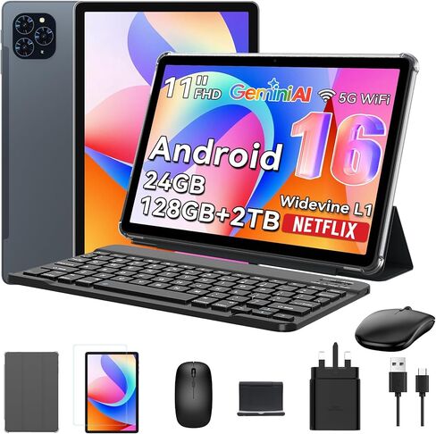 The World's First Android 16 Tablet,11 Inch Tablet with Pen and Keyboard Kits,Gemeni AI Android Tablets,24GB RAM 128GB ROM /2TB TF,T7250 CPU, 8000mAh Fast Charging, Widevine L1-5 Year Warranty in Saudi Arabia