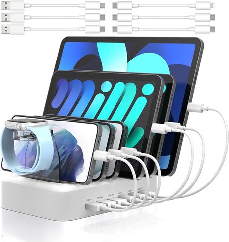 محطة شحن سريعة MSTJRY 90W 6 منافذ USB C لأجهزة متعددة، محطة شحن متعددة PD لهواتف iPhone iPad اللوحية، منظم قاعدة شحن مع فواصل قابلة للتعديل للفصول الدراسية المنزلية والمكتبية in Kuwait