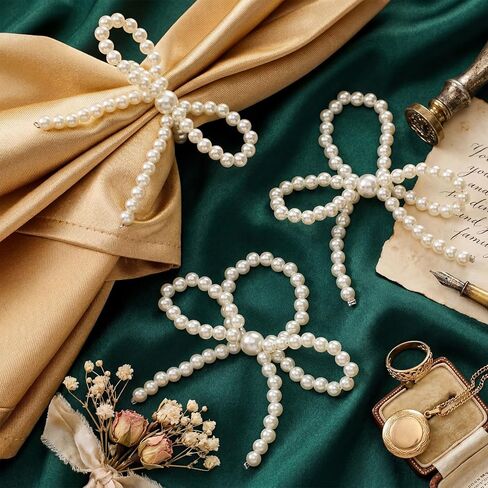 12 Pcs Pearl Bow Napkin Rings Imitation Bow Pearl Ring Napkin Holder Delicate Beaded Serviette Buckles for Christmas Wedding Party Dinner Table Decor and Daily Use(Elegant) in Saudi Arabia