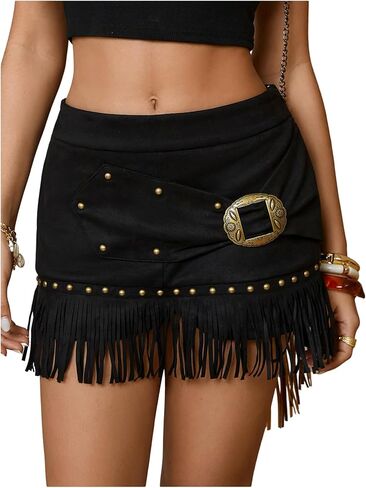 WDIRARA Women's Studded Fringe Suede Mini Shots Metal Buckle Cowgirl Concert Rave Shorts in Saudi Arabia