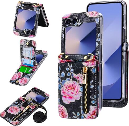Phone Case for Samsung Galaxy Z Flip 7 Wallet Phone Cover, Crossbody Case Zipper with 4 Card Slots Purse Adjustable Lanyard Strap Kickstand, Cute Rose Pattern Women Girls Phone Case Purple in Saudi Arabia