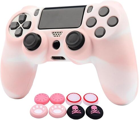 جلود وحدة التحكم الوردية RALAN لجهاز PS4، واقي غطاء وحدة التحكم من السيليكون المتوافق مع وحدة التحكم PS4 Slim/PS4 Pro (قبضة الإبهام الوردية × 6، قبضة غطاء الجمجمة × 2) (مموه + أبيض in Kuwait