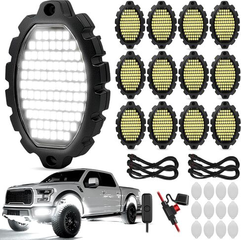 12 علبة معدنية 1116 مصباح LED من أضواء الصخور البيضاء النقية مع حزام أسلاك التبديل، إضاءة فائقة السطوع تحت الوهج مقاومة للماء من الألومنيوم LED للشاحنات Jeep OffRoad ATV UTV SUV، التوصيل والتشغيل، سهلة التركيب in Kuwait