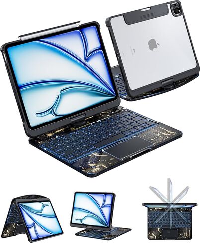 حافظة لوحة مفاتيح لجهاز iPad 9th 10.2 ich (الجيل السابع والثامن والتاسع) حافظة لوحة مفاتيح شفافة تدور بزاوية 360 درجة مع لوحة تتبع متعددة اللمس ولوحة مفاتيح بإضاءة خلفية بـ 7 ألوان لجهاز iPad 9th/8th/7th Gen مقاس 10.2 بوصة in Saudi Arabia