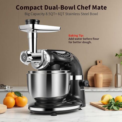 خلاط حامل Aifeel، 8.5QT+ 6QT خلاط طعام كهربائي بوعاءين من الفولاذ المقاوم للصدأ، خلاط مطبخ متعدد الوظائف 7 في 1 مع خطاف عجين وخفق ومضرب ومطحنة لحم وصانع المعكرونة والكعك - فضي in Kuwait