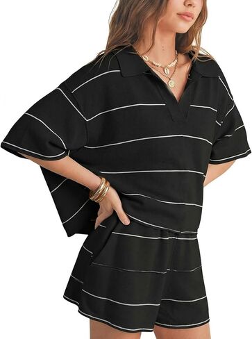 EXLURA Womens Summer 2 Piece Outfits Faux Cashmere Sweater Knit V Neck Tops Matching Shorts Sets Tennis Workout Vacation 2026 in Saudi Arabia