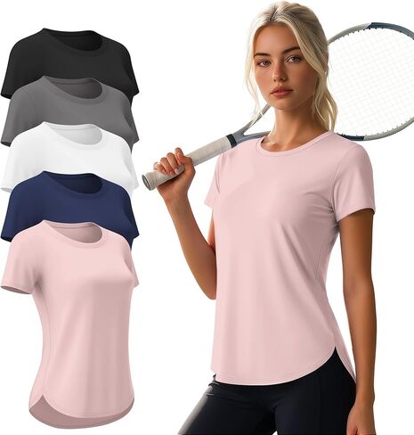 5 Pack Women's Workout Shirts Short Sleeve Crewneck T-Shirts Loose Fit Quick Dry Tees with Side Slits Running Tops in Saudi Arabia