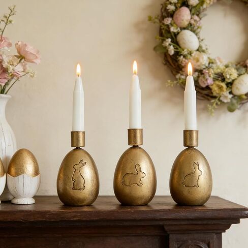 DN DECONATION Easter Bunny Candle Holders Set, 2PCS Gold Vintage Easter Bunny Decorations Taper Candle Sticks Holder for Table Decor, Resin & Metal Candlestick Holder Farmhouse Mantel Bunny Decor in Saudi Arabia