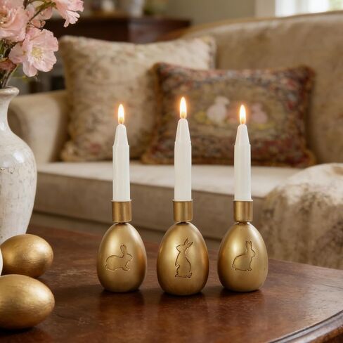 DN DECONATION Easter Bunny Candle Holders Set, 2PCS Gold Vintage Easter Bunny Decorations Taper Candle Sticks Holder for Table Decor, Resin & Metal Candlestick Holder Farmhouse Mantel Bunny Decor in Saudi Arabia